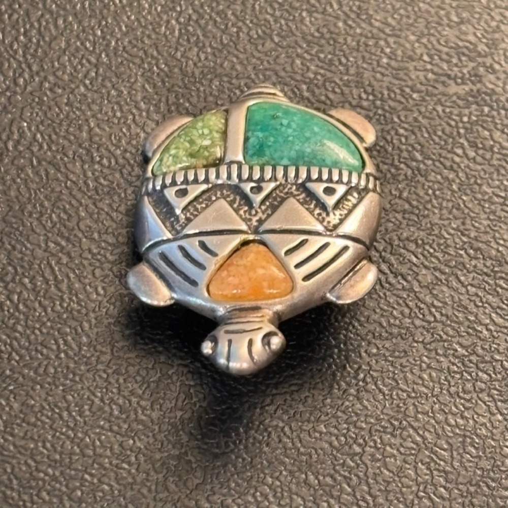 Carolyn Pollack Rolios 925 Signed Turqouise Coral Turtle Pendant Brooch EUC